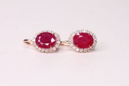 Pair of Natural Ruby & Diamond Earrings, set with 2 oval cut rubies totalling 6.24ct, 36 round