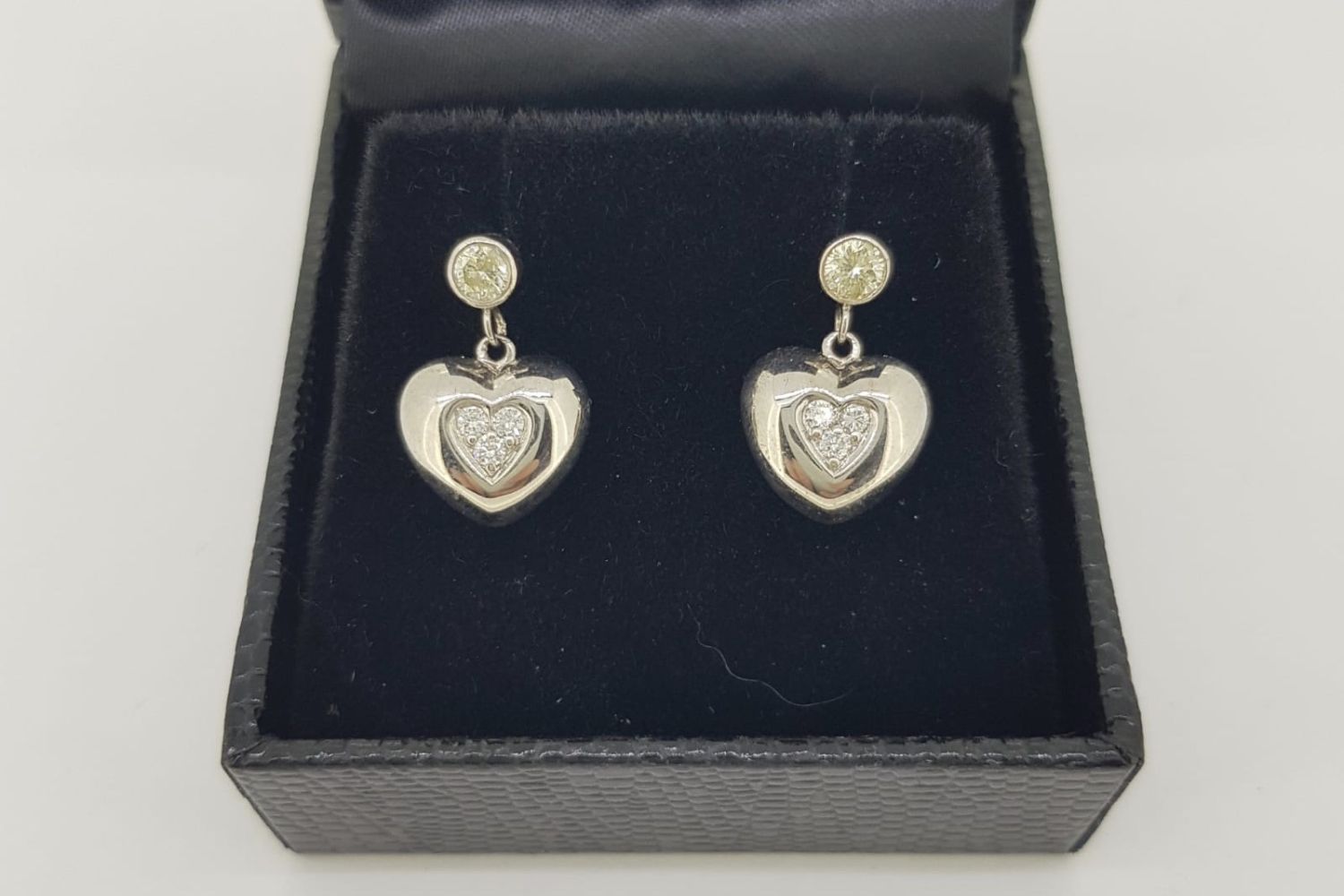 Pair Of Diamond Set Heart Drop Earrings, bezel set diamond stud with screw back posts and