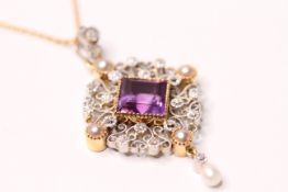 *TO BE SOLD WITHOUT RESERVE*High carat gold and platinum amethyst, pearl and diamond pendant on a