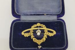 French Marked Ornate Floral Brooch, centre set diamond and pearl drop,15ct gold.