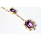 Early 20th C Amethyst and Pearl Necklace, rectangular cushion cut Amethyst, mounted with a seed pear