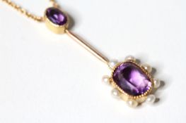 Early 20th C Amethyst and Pearl Necklace, rectangular cushion cut Amethyst, mounted with a seed pear