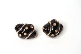 Fancy Dress Earrings, Black body set with white paste stones and pearls, clip on backs with