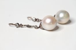 Pearl and Diamond drop earrings, 12-13mm white pearls, suspended from old and rose cut diamond