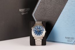 GENTLEMENS BAMFORD AUTOMATIC GMT DATE WRISTWATCH W/ BOX, circular blue dial with white hour