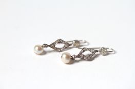 Early 20th Century Pearl and Old Cut Diamond Drop Earrings, 5.5-6mm pearls suspended from old and