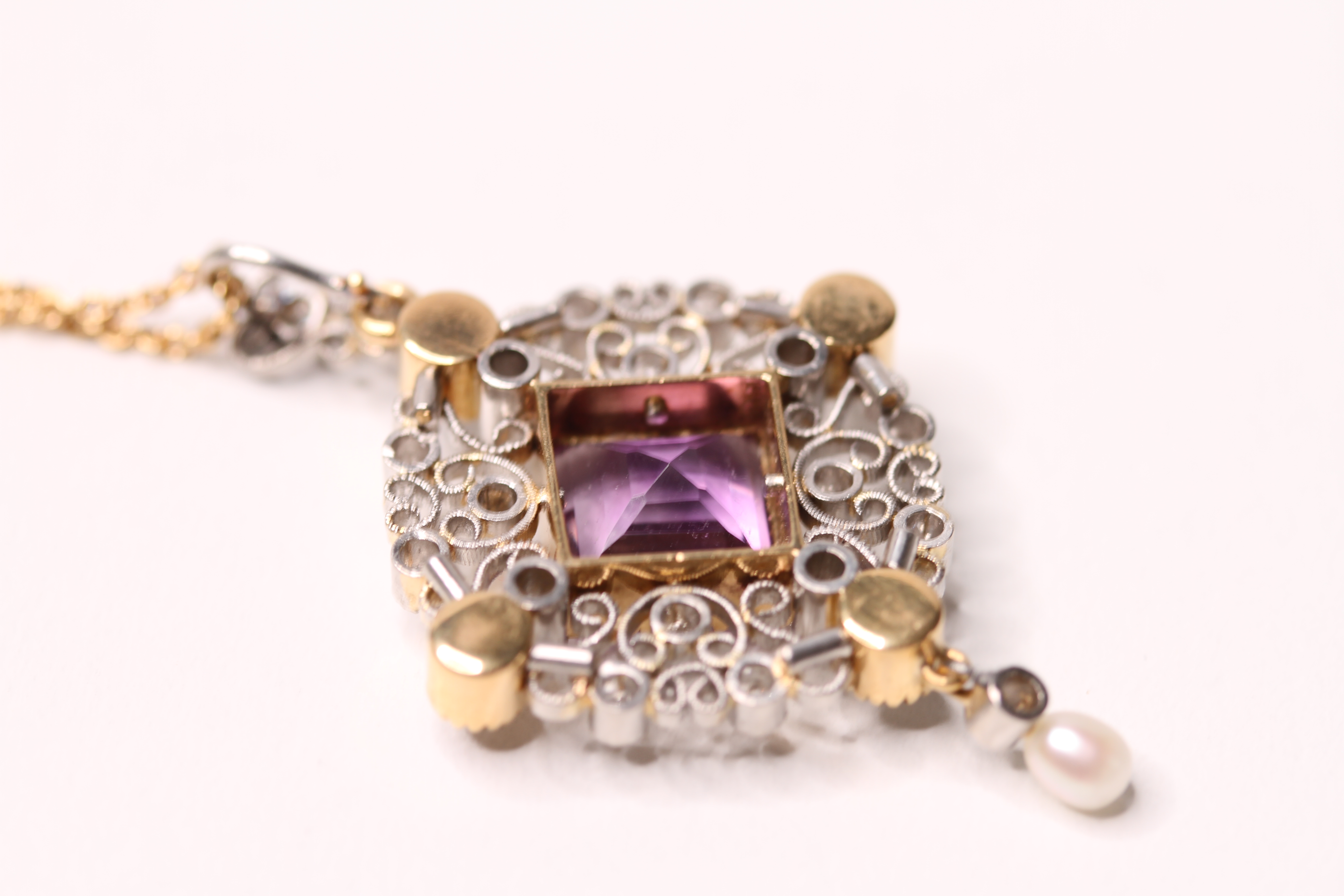 *TO BE SOLD WITHOUT RESERVE*High carat gold and platinum amethyst, pearl and diamond pendant on a - Image 2 of 3