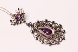 *TO BE SOLD WITHOUT RESERVE*An Antique unmarked silver amethyst and marcasite drop pendant, with