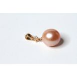 Pink Pearl & Diamond Set Pendant, 1 round cultured south sea pearl and 1 round brilliant cut