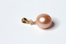 Pink Pearl & Diamond Set Pendant, 1 round cultured south sea pearl and 1 round brilliant cut