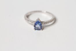 Natural Sapphire & Diamond Ring, set with 1 pear cut natural sapphire 0.84ct, 16 round brilliant cut