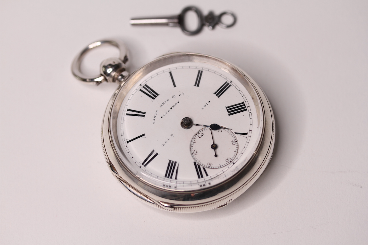 *TO BE SOLD WITHOUT RESERVE*Gents Pocket Watch James Reid & Co, Coventry Est 1879 in Silver with Key