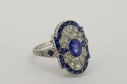 Deco Style Sapphire & Diamond Tablet Ring, central sapphire approximately 0.75ct, marked platinum.