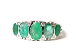 Natural Emerald & Diamond Ring, set with 5 oval cut natural emeralds totalling 1.92ct, 8 round