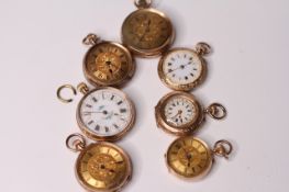 7x 14ct stamped fob watches, gilt dials, engraved