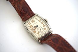 1929 VINTAGE LONGINES 14CT GOLD FILLED DRESS WATCH, rectangular cream dial with arabic numeral