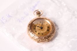 15ct gold fob watch, gilt dial, engraved case, 30.