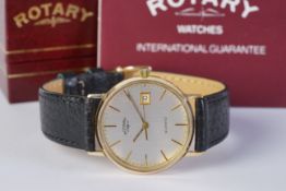 GENTLEMENS ROTARY 9CT GOLD DATE WRISTWATCH W/ BOX & PAPERS, circular silver dial with stick hour