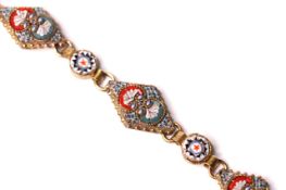 Early 20th Century Micro Mosaic Bracelet, 6 diamond panels with red and blue micro mosaic pattern,