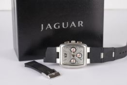 GENTLEMENS JAGUAR CHRONOGRAPH WRISTWATCH W/ BOX, rectangular silver triple register dial with hour