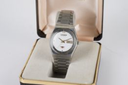 GENTLEMENS CITIZEN AUTOMATIC DAY DATE WRISTWATCH W/ BOX REF. 71-4534, CIRCA 1970, circular silver