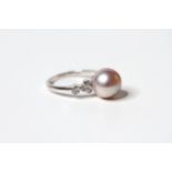 Pink South Sea Pearl & Diamond Ring, set with 1 round cultured pink pearl and 8 round brilliant