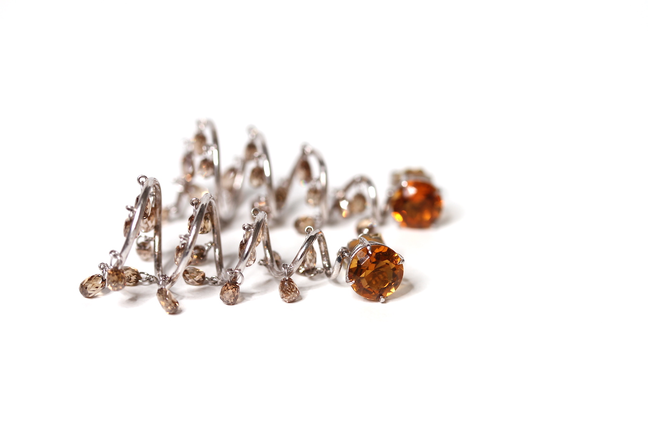 Citrine and Briolette Cut Diamond Dress Earrings, a feature citrine with a spiral drop, 20 suspended