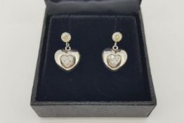 Pair Of Diamond Set Heart Drop Earrings, bezel set diamond stud with screw back posts and