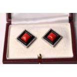 Pair of Art Deco Style Coral, Onyx and Diamond Earrings, central square cabochon of coral, a