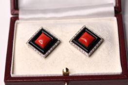 Pair of Art Deco Style Coral, Onyx and Diamond Earrings, central square cabochon of coral, a