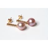 Pair Of Pink Pearl & Diamond Earrings, set with 2 round cultured south sea pearls and 10 round