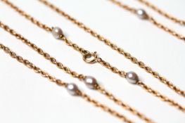 Natural Salt Water Pearl set long chain, 2mm belcher chain set with 13x 3.3-4mm pearls, with GCS