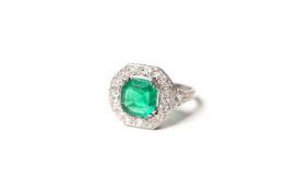 Columbian Emerald and Diamond Ring, central 1.42ct Fine octagonal cut Emerald, certified Columbian