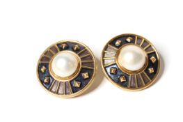 Vintage De Vroomen Marbe Pearl Clip On Earrings, 15mm maybe pearls, set within a wide border, enamel