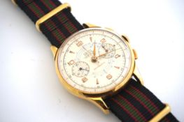 VINTAGE CAUNY PRIMA CHRONOGRAPH WRIST WATCH, circular cream dial with arabic numerals and baton hour