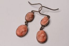 *TO BE SOLD WITHOUT RESERVE*Vintage sterling silver carved coral cameo double drop earrings