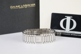 LADIES BAUME & MERCIER DIAMOND SET WRISTWATCH W/ BOX & PAPERS, square two tone dial with diamond