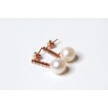 Pair Of Pearl & Diamond Drop Earrings, set with 2 round cultured south sea pearls and 10 round