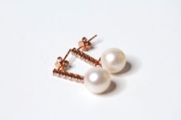 Pair Of Pearl & Diamond Drop Earrings, set with 2 round cultured south sea pearls and 10 round