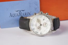 GENTLEMENS AQUA MARIN 3.5CT DIAMOND SET CHRONOGRAPH WRISTWATCH W/ BOX & CARD, circular white