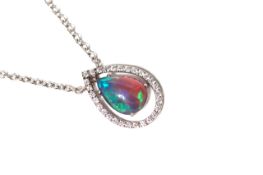 Black Opal and Diamond Necklace, pear cabochon cut black opal, suspended within a diamond halo,