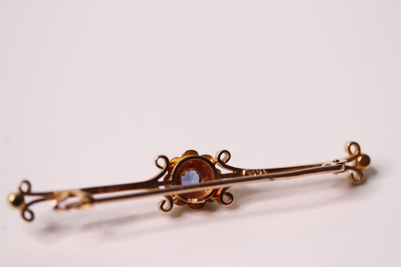 15ct Edwardian Sapphire and Pearl bar brooch, central blue sapphire within a cluster of pearls, - Image 2 of 2