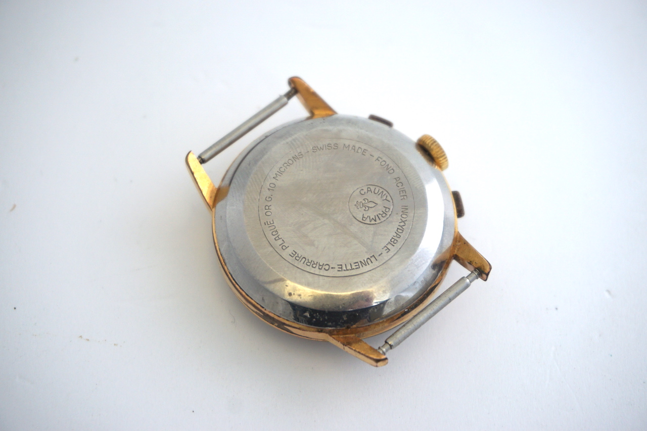 VINTAGE CAUNY PRIMA CHRONOGRAPH WRIST WATCH, circular sunburst silver dial with two subsidiary - Image 2 of 3