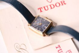 VINTAGE LADIES TUDOR PRINCESS DATE WITH PAPERS, square blue dial, white baton hour markers, 20mm 9ct