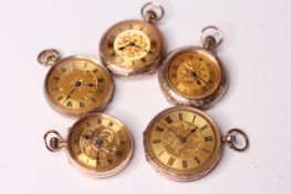 5x 9ct gold fob watches, with gilt dials, engraved cases , approximately 132g gross.