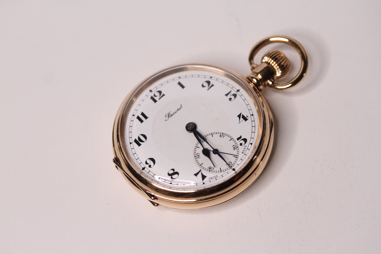 *TO BE SOLD WITHOUT RESERVE* Gents Pocket Watch Record, Gold Plated Open Faced