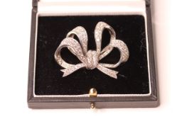 5.70ct Diamond Bow Brooch, large diamond set bow, 48x39mm, pin and safety catch fitting, mounted