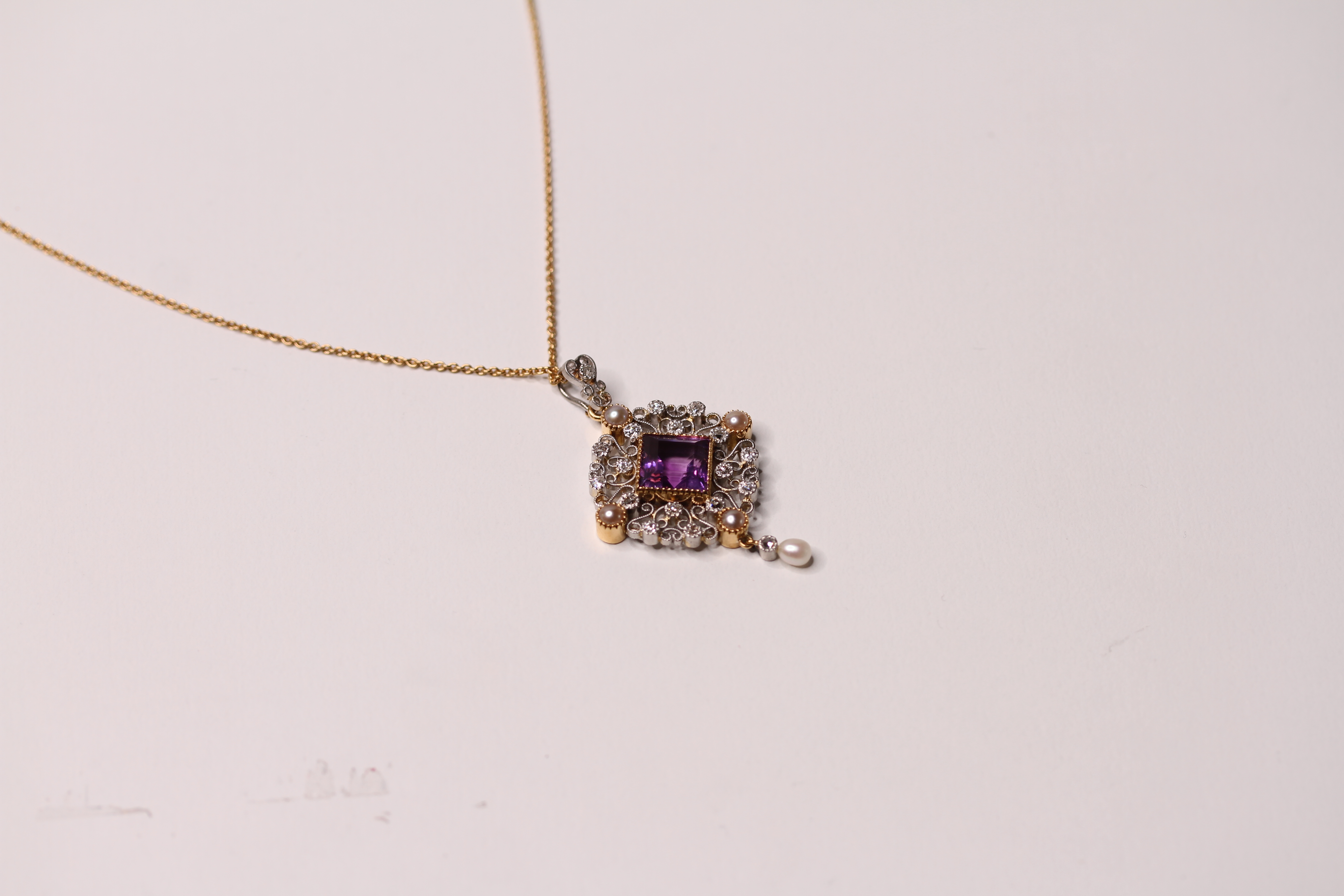 *TO BE SOLD WITHOUT RESERVE*High carat gold and platinum amethyst, pearl and diamond pendant on a - Image 3 of 3