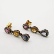 Pair of Natural Sapphire Earrings, in 3 colours, surrounded by rose cut diamond clusters, set in