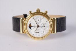 GENTLEMENS IWC 18CT GOLD DA VINCI CALENDAR MOONPHASE CHRONOGRAPH WRISTWATCH, circular white dial